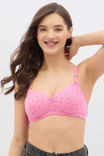 Clovia Padded Non-Wired Full Coverage Floral Print Multiway T-shirt Bra in Light Pink - Cotton