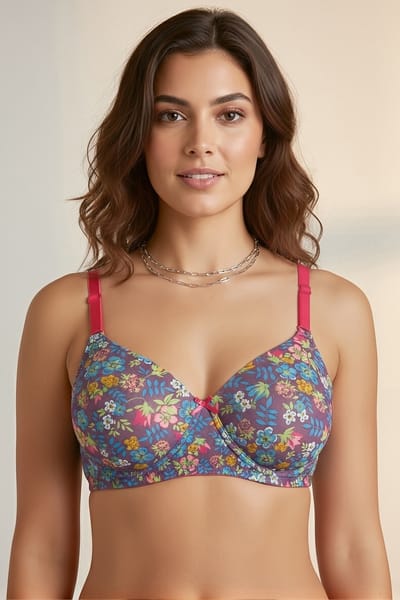Clovia Padded Non-Wired Full Coverage Floral Print Multiway T-shirt Bra - Purple