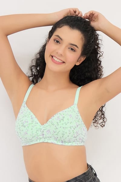 Clovia Padded Non-Wired Full Coverage Floral Print T-shirt Bra in Light Blue - Cotton