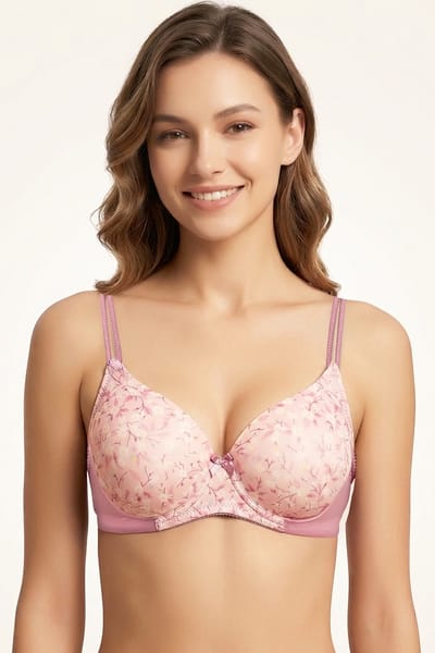 Clovia Padded Non-Wired Full Coverage Floral Print T-shirt Bra in Light Pink