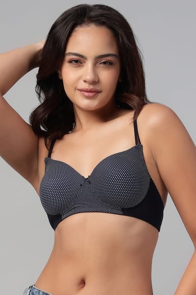 Clovia Padded Non-Wired Full Coverage Polka Print T-shirt Bra in Navy Colour