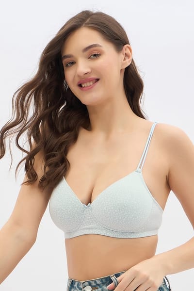 Clovia Padded Non-Wired Full Coverage Printed T-shirt Bra in Soft Blue - Cotton