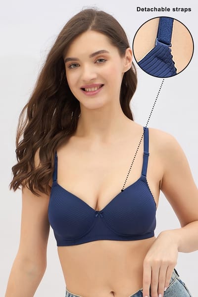 Clovia Padded Non-Wired Full Coverage Self-Striped Multiway Bra in Navy Colour