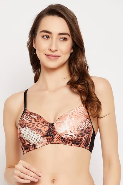 Clovia Padded Non-Wired Full Cup Animal Print T-shirt Bra in Brown
