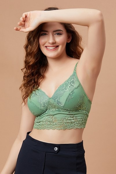 Full Coverage Sheer Lace Underwire Plus Size Bra Green