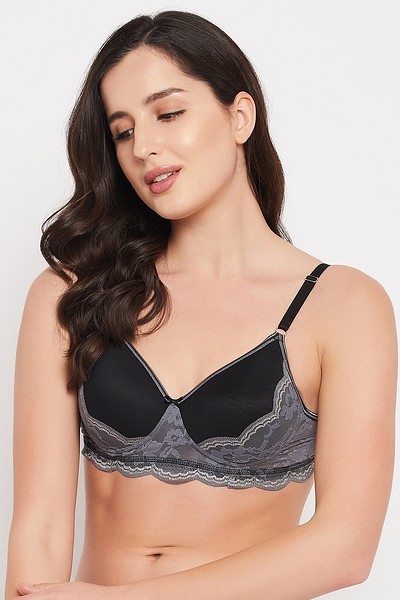 Buy Clovia Padded Non-Wired Full Cup Self-Patterned Bra In Black - Lace  online