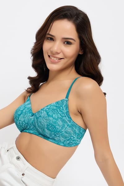 Clovia Padded Non-Wired Full Cup Floral Print T-shirt Bra in Blue