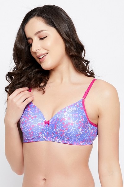 Buy Padded Non-Wired Full Cup Floral Print Bra in Light Blue