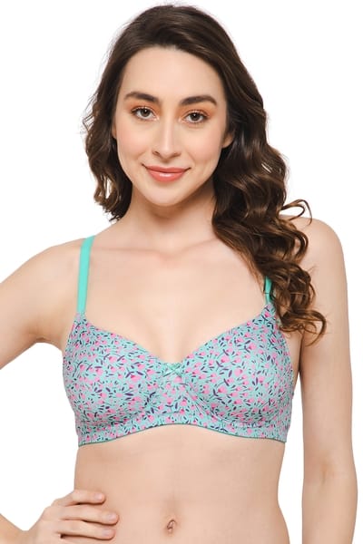 Clovia Padded Non-Wired Full Cup Floral Print T-shirt Bra in Mint Green