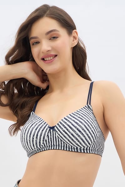 Clovia Padded Non-Wired Full Cup Striped T-shirt Bra in Navy