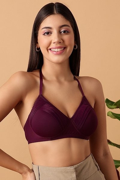 Buy Clovia Padded Non-Wired Halter Neck Bralette with Lace in Dark