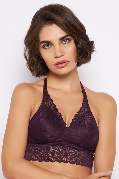 Padded Non-Wired Full Cup Halter Neck Longline Bralette in Plum Colour -  Lace