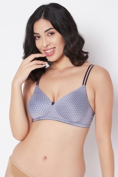 Clovia Padded Non-Wired Full Cup Honeycomb Print T-shirt Bra in Lilac