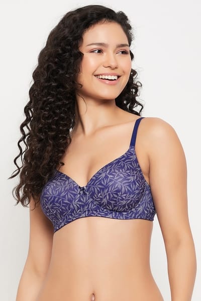 Clovia Padded Non-Wired Full Cup Leaf Print T-shirt Bra in Navy