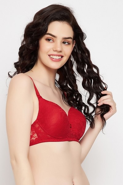 Clovia Padded Non-Wired Full Cup Bra in Red - Lace Women Everyday