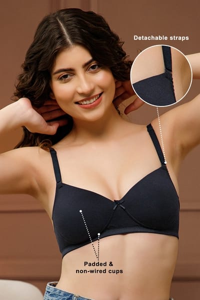 Clovia Padded Non-Wired Full Cup Multiway T-shirt Bra in Navy - Cotton