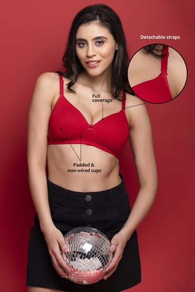 Clovia Padded Non-Wired Full Cup Multiway T-shirt Bra in Orangish Red - Cotton