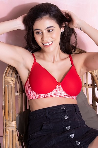 Buy Clovia Women's Cotton Lightly Padded Non-Wired Full Cup Printed T-Shirt  Bra (Br2371A04_Red_36B) at