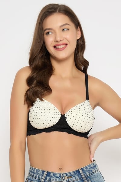 Clovia Padded Non-Wired Full Cup Polka Dot Print T-shirt Bra in White