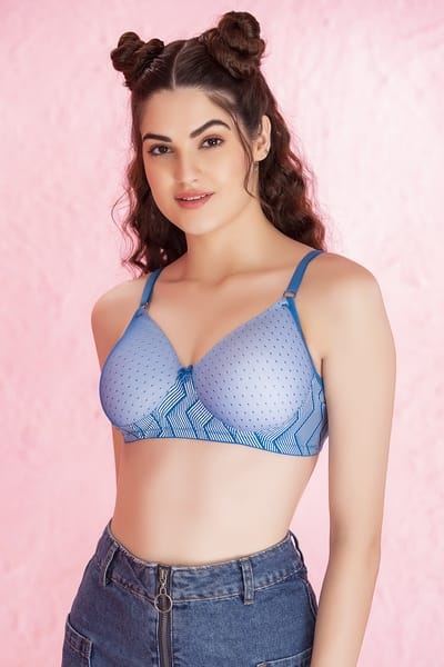 Clovia Padded Non-Wired Full Cup Printed T-shirt Bra in Blue
