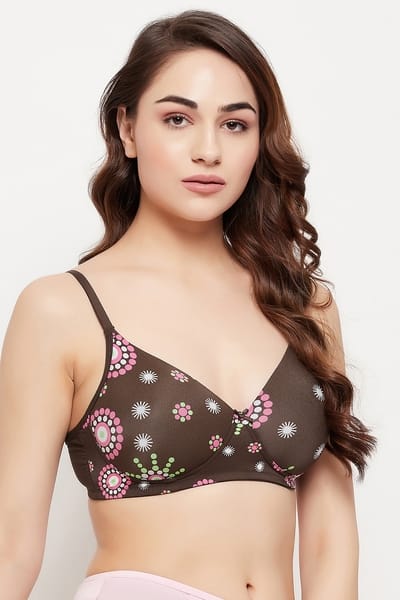 Clovia Padded Non-Wired Full Cup Printed T-shirt Bra in Brown