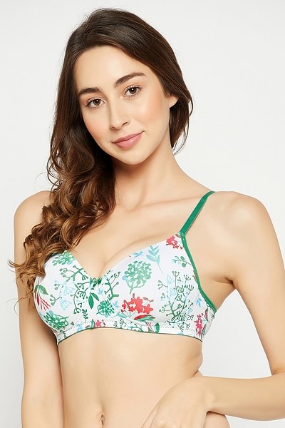 Clovia Floral Print Padded Non-Wired Full Coverage T-Shirt Bra 