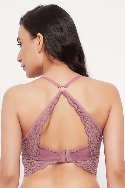 Buy Padded Non-Wired Racerback Longline Bralette in Magenta - Lace