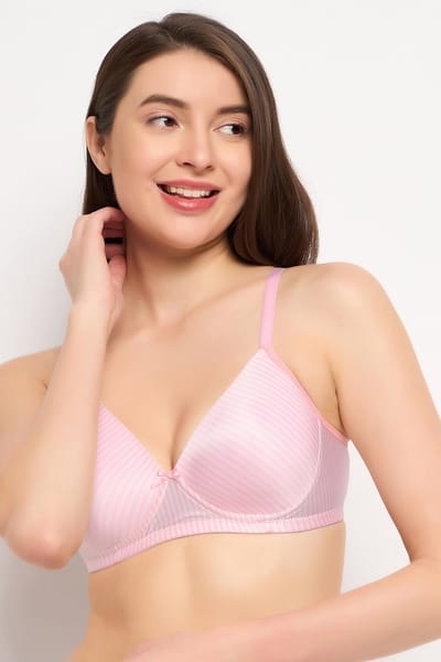 Clovia Padded Non-Wired Full Cup Striped T-shirt Bra in Baby Pink