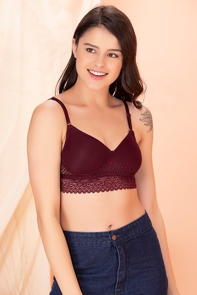 Buy Padded Non-Wired Longline Bralette in Burgundy- Lace Online