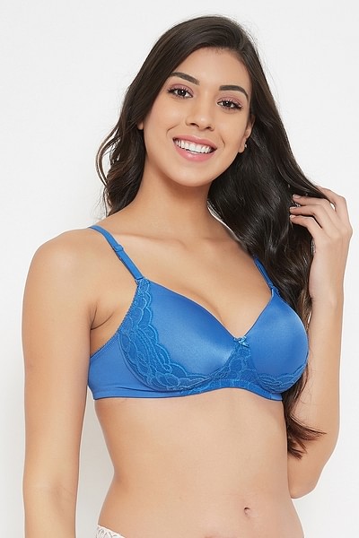 Buy Padded Non-Wired Full Cup Self-Patterned Bra in Royal Blue