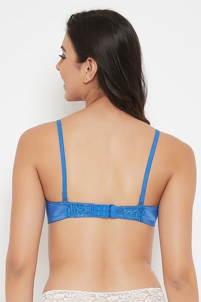 Clovia Padded Non-Wired Full Cup Self-Patterned Bra in Royal Blue - Lace 