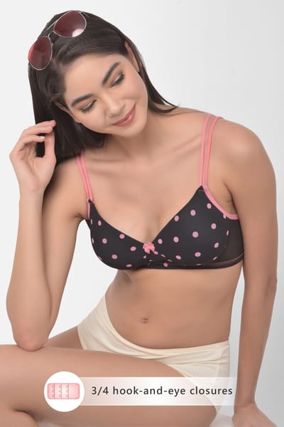 Clovia Padded Non-Wired Polka Print T-shirt Bra in Black