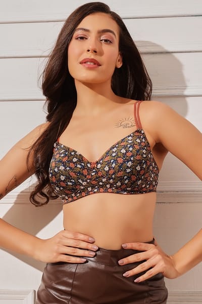 Clovia Padded Non-Wired Full Coverage Printed T-shirt Bra in Dark Blue