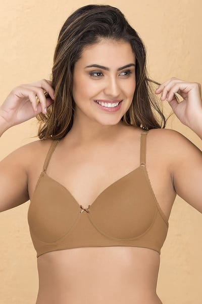 Clovia Padded Non-Wired Full Coverage T-Shirt Bra in Nude Colour - Cotton