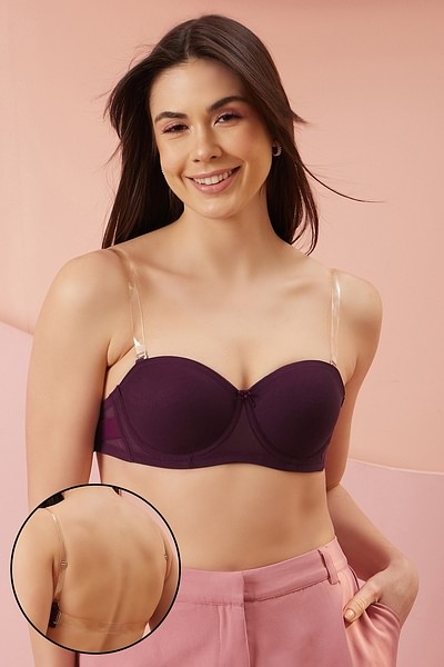 Invisi Padded Underwired Full Cup Strapless Balconette Bra in Wine Colour  with Transparent Straps and Band
