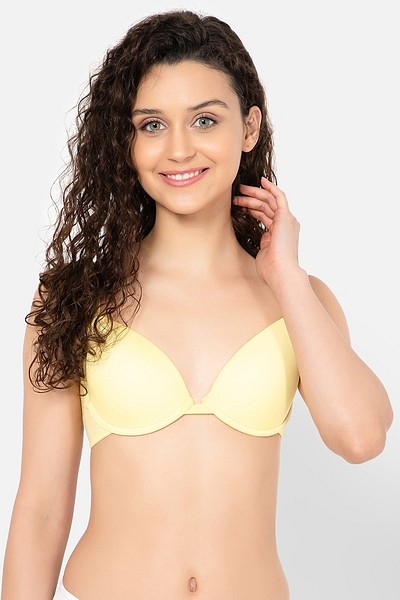 Buy Padded Underwired Demi Cup Plunge Bra & Low Waist Fruit Print Thong Set  in Yellow Online India, Best Prices, COD - Clovia - BP2377P02