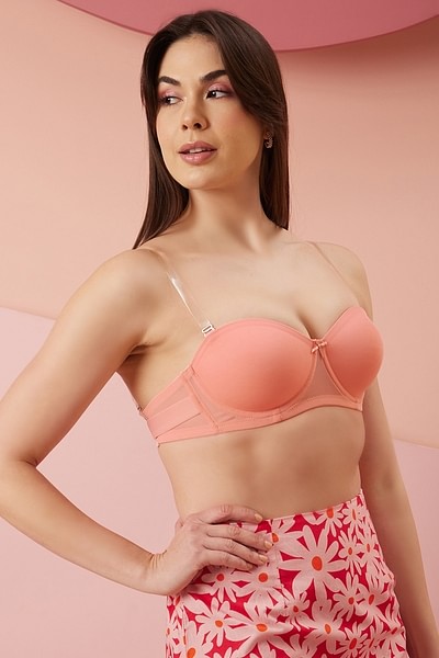 Buy Padded Underwired Demi Cup Strapless T-shirt Bra with Transparent  Straps & Band in Peach Colour Online India, Best Prices, COD - Clovia -  BR1925P34