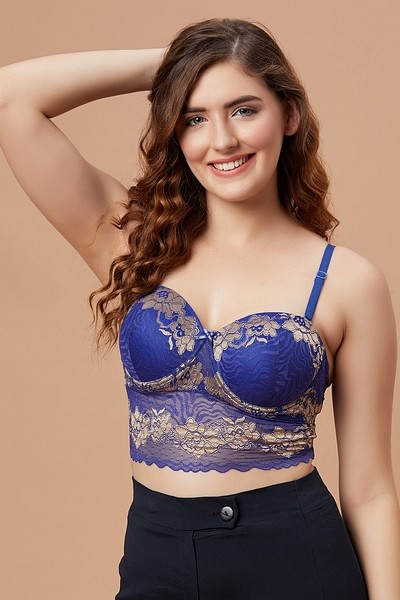 Buy BLUE SOLID LACY FITTED BRALETTE for Women Online in India