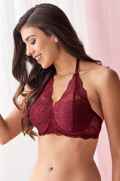 Buy Padded Underwired Full Cup Halter Neck Bralette in Wine-Colour