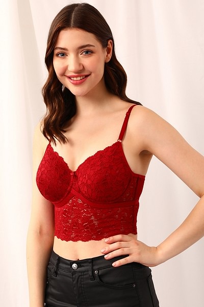 Buy Padded Underwired Full Cup Longline Bralette in Maroon - Lace