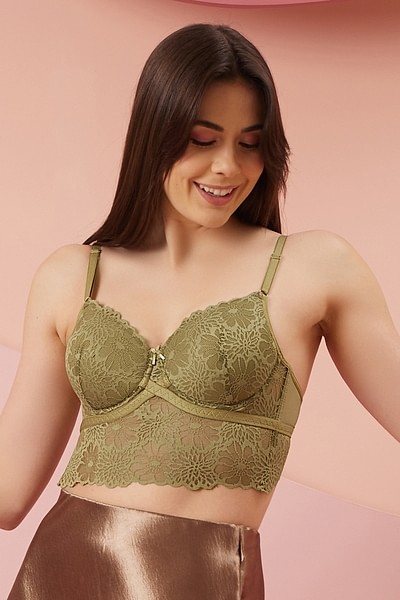 Buy Padded Underwired Full Cup Longline Bridal Bralette in Olive Green -  Lace Online India, Best Prices, COD - Clovia - BR1969R17