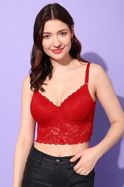 Buy Padded Underwired Full Cup Longline Bralette in Red - Lace
