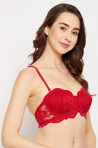 Padded Non-Wired Full Cup Self-Patterned Multiway Bra in Red - Lace – Tradyl