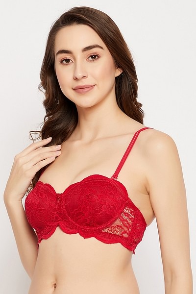Buy Padded Underwired Full Cup Self-Patterned Multiway Strapless Balconette  Bra in Red - Lace Online India, Best Prices, COD - Clovia - BR1369S04