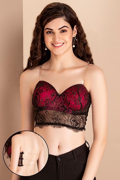 Clovia Women's Lace Solid Padded Full Cup Wire Free Bralette Bra - Dark Red