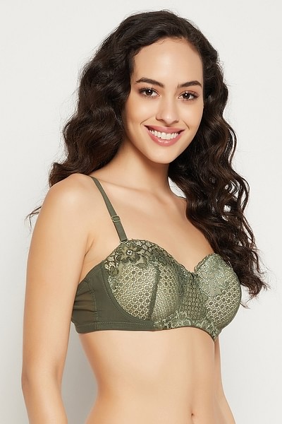 Buy Padded Wired Full Cup Strapless Balconette Bra in Olive Green