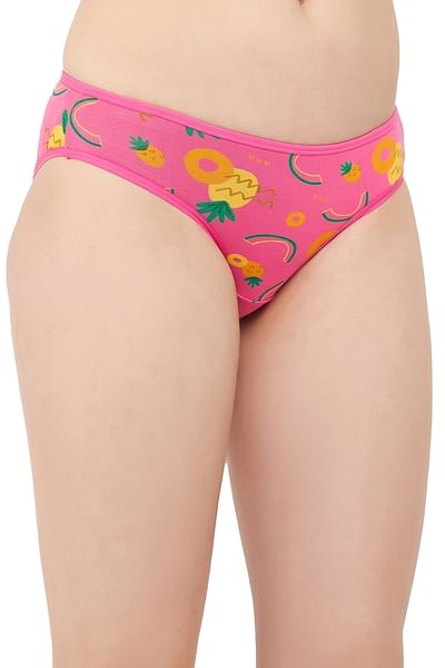 Buy Low Waist Fruit Print Bikini Panty in Hot Pink Cotton Online