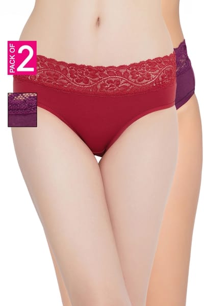 Clovia Pack of 2 Mid Waist Hipster Panties - Cotton & Lace