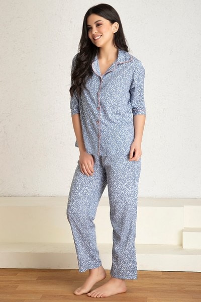 Buy Button Down Shirt & Pyjama Set in Multicolour- Crepe Online India, Best  Prices, COD - Clovia - LS0385P13