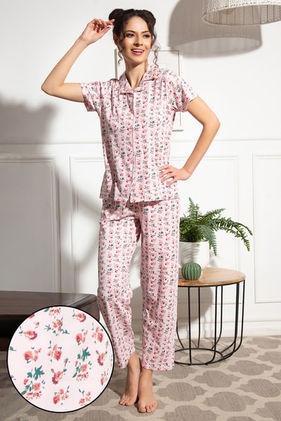 Pretty Florals Button Down Night Suit in Soft Pink 100% Cotton